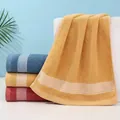 Soft cotton face towel set in navy blue, ginger, red, and orange with striped border - Horizontal Stripe - Yellow