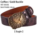 Detail of 3.8cm coffee floral embossed leather belt with gold eagle buckle NT-0101 - Coffee Gold Buckle (Eagle)