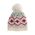 Bonnet tricoté enfant crème avec motif sapin rouge et pompon blanc en fausse fourrure - Blanc