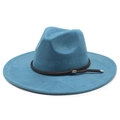 Detail of blue suede fedora featuring brown braided rope and silver engraved buckle - M (56-59cm) / Peacock Blue Suede