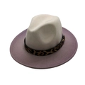 Close-up of cream fedora hat featuring a leopard print band and lavender wide brim - Light Purple Patchwork