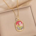 Collana vintage oro francese con ciondolo rettangolare in smalto e perle - Floreale Rettangolare - Rosso (A2 Rosso)