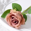 Single artificial velvet rose in dusty pink with green leaves and realistic stem - 7cm / Coffee (Silk Cloth)