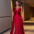 Elegant red deep V-neck evening gown in shimmering satin fabric for party events - 0XL / Red