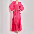 Detail of rose red maxi dress with V-neckline lace textures and layered cake hem - S / Rose Red