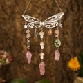 Pink butterfly suncatcher with crystal prism column and mushroom hanging ornament - Silver Wings + Rose Quartz