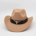 Detail of khaki wool felt cowboy hat with bull head silver ornament on black leather strap - Camel