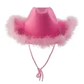 Chapeau de cowboy rose avec bordure en plumes douces et cordon réglable sur fond blanc - Chapeau de Cowboy Rose