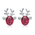 Christmas reindeer stud earrings with oval red gemstone and silver crystal antlers - Silver-Purplish Red Crystal