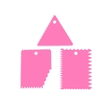 Pink plastic dough scraper set with serrated edges and hanging holes on white background - New Pink Scraper Set of 3