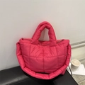 Quilted puffy dumpling bag in bright pink nylon with padded handles for women - Rose Red