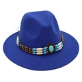 Detail of bohemian royal blue fedora with turquoise beaded band and vintage stone - One Size / Sapphire Blue