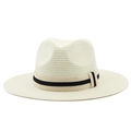 Close-up of fine straw weave and striped elastic band on a cream Panama hat - Cream