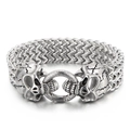 Punk style double skull head stainless steel braided bracelet in vintage silver finish - Steel Color Skull Head (KB157902-K)
