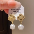 Close-up of gold flower pearl earrings with crystals and S925 silver price tag - Gold-Black-White (46# Silver Pin)