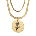 Collier double rang doré avec chaîne serpent et pendentif rond gravé d'une rose - Juin-Or (Rose)