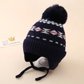 Detailed knit texture of navy blue kids trapper hat with pompom and earflaps - One Size (3-8 Years) / Navy Blue