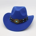 Royal blue wool western cowboy hat with studded leather band and turquoise ethnic ornament - Royal Blue (Floral Leather Belt)