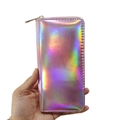 Chic long laser PU leather wallet with iridescent rainbow effect and zipper closure - Pink