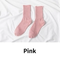 Pink women's mid-calf socks with cute ruffle trim and ribbed knitted cotton texture - One Size / Pink