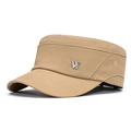 Men's khaki cotton flat top military cap with textured canvas and metal W logo - Adjustable / Khaki