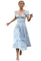 Light blue floral summer dress with puff sleeves and waist tie in a detailed studio shot - Light Blue Background with Small White Dots