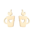 Minimalist gold coffee cup stud earrings with heart cutout and steam detail on white background - Coffee Cup / Gold