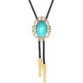 Golden crown bolo tie with turquoise stone and black braided leather cord - 25 (Gold with Turquoise)