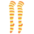 Detailed knit texture of bright yellow and orange striped over-the-knee thigh high socks - One Size / Orange Yellow & White Tricolor Striped