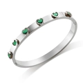 Silver stainless steel oval bangle featuring green heart-shaped crystal embellishments - Steel Green Rhinestone