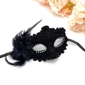 Detail of black lace masquerade mask with shiny rhinestones and elegant soft feathers - Black