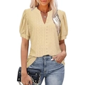 Women's light yellow V-neck bubble sleeve T-shirt with hollow eyelet texture detail - XL / Yellow