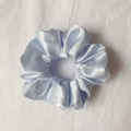 Elegant light blue satin scrunchie hair tie with smooth silk-like fabric finish - Aqua