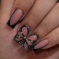 French tip press-on nails with 3D butterfly design and sparkling rhinestones - Black Butterfly Style (DW01)