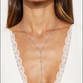 Double-layered silver Y-necklace with delicate beads and minimalist square pendant style - Silver Double Layer Y-Shape Bead Style (0932)