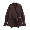 Dark coffee short wool coat with oversized lapels and a matching slim waist belt - S / Dark Brown