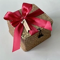 Top view of handmade woven gift box with red satin bow, pearl, and Thank You tag - Burgundy