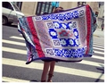 Ethnic boho shawl with red and blue geometric floral patterns for beach or travel - Blue Wood Art