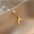 Elegant gold fish tail necklace with white pearls on a soft champagne silk fabric - Titanium Steel Gold Style (X186)