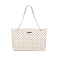 Bolso tote beige con patrón geométrico rojo y cadena dorada en elegante cuero sintético - Blanco Roto
