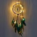 Brown and green heart dreamcatcher with warm LED lights and hanging natural feathers - Brown with Lights
