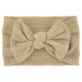 Soft beige cable knit nylon headband for infants with a large decorative bow - Khaki