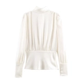 Elegant white satin long sleeve blouse with stand collar and cinched waist design - XS / Milky White