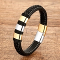 Detail of woven black leather bracelet with silver and gold magnetic stainless steel clasp - Multi-ring Black Leather-Style 5