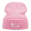 Pink knit beanie with white embroidered dachshund puppy on the fold for women and men - One Size / Pink