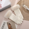 Elegant cream white thermal knitted gloves with faux fur trim and touchscreen function - Woolen Triple Line Fur Cuff / White