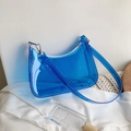 Chic blue transparent PVC shoulder bag with white stitching and zipper for women - Blue