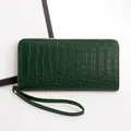 Dark green crocodile embossed leather lady's zip wallet with detachable hand strap - Green