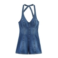 Halter neck blue denim romper with vintage wash finish shown in flat lay view - XS / Blue