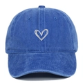 Navy blue washed cotton baseball cap with white heart embroidery in a front-facing view - Adjustable / Sapphire Blue